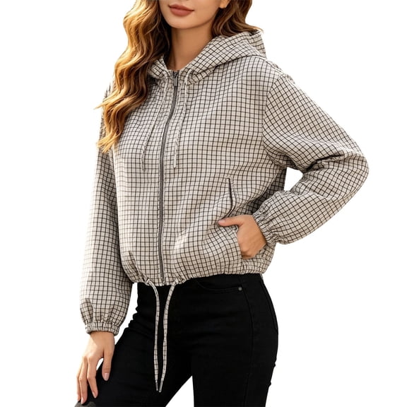 Plaid Zip Up Jacket Casual Long Sleeve Collared Lightweight Fall Coat Women Street Outerwear(Big & Tall,XS)