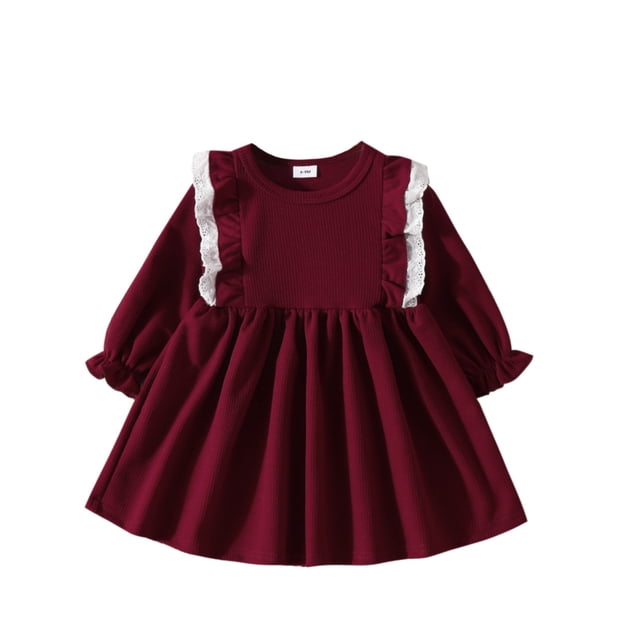 Vestido de manga larga con cuello redondo para niña, color liso, cuello redondo, manga A, con volantes, para bebés y niños pequeños, vestido informal de poliéster para niña.
