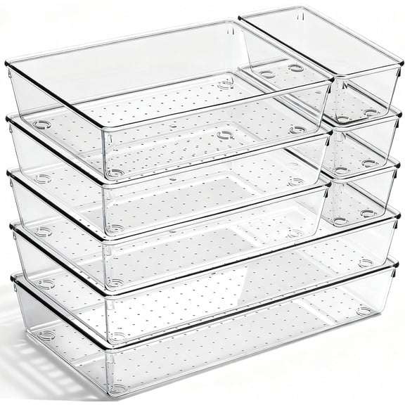 Drawer Organizer Bins 8-Pack – Clear Plastic Trays with Dividers for Kitchen, Bathroom & Office