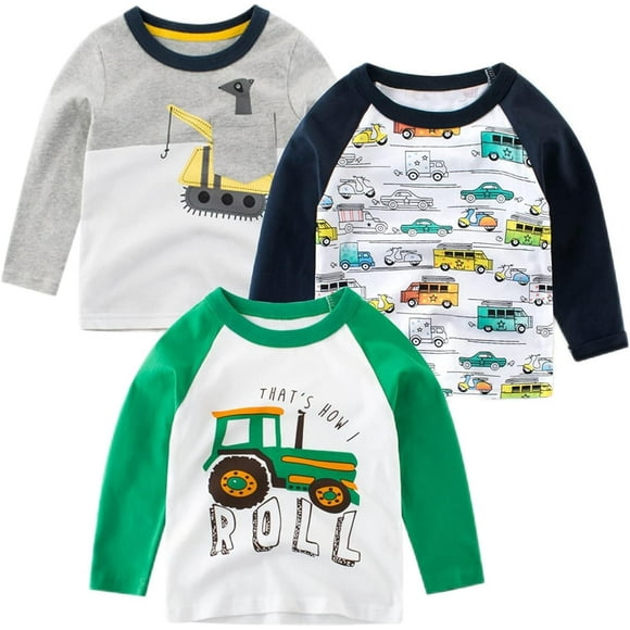 Ensemble de 3 T-Shirts à Manches Longues pour Garçons Tout-Petits Excavatrice 100 % Coton Basique - 6 Ans