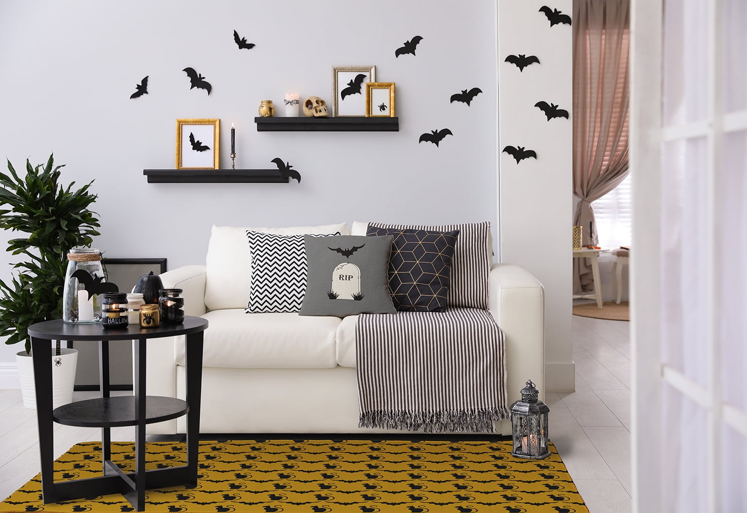 Simply Daisy Cats and Bats Autumn Gold Halloween Chenille Area Rug, 3' x 5'