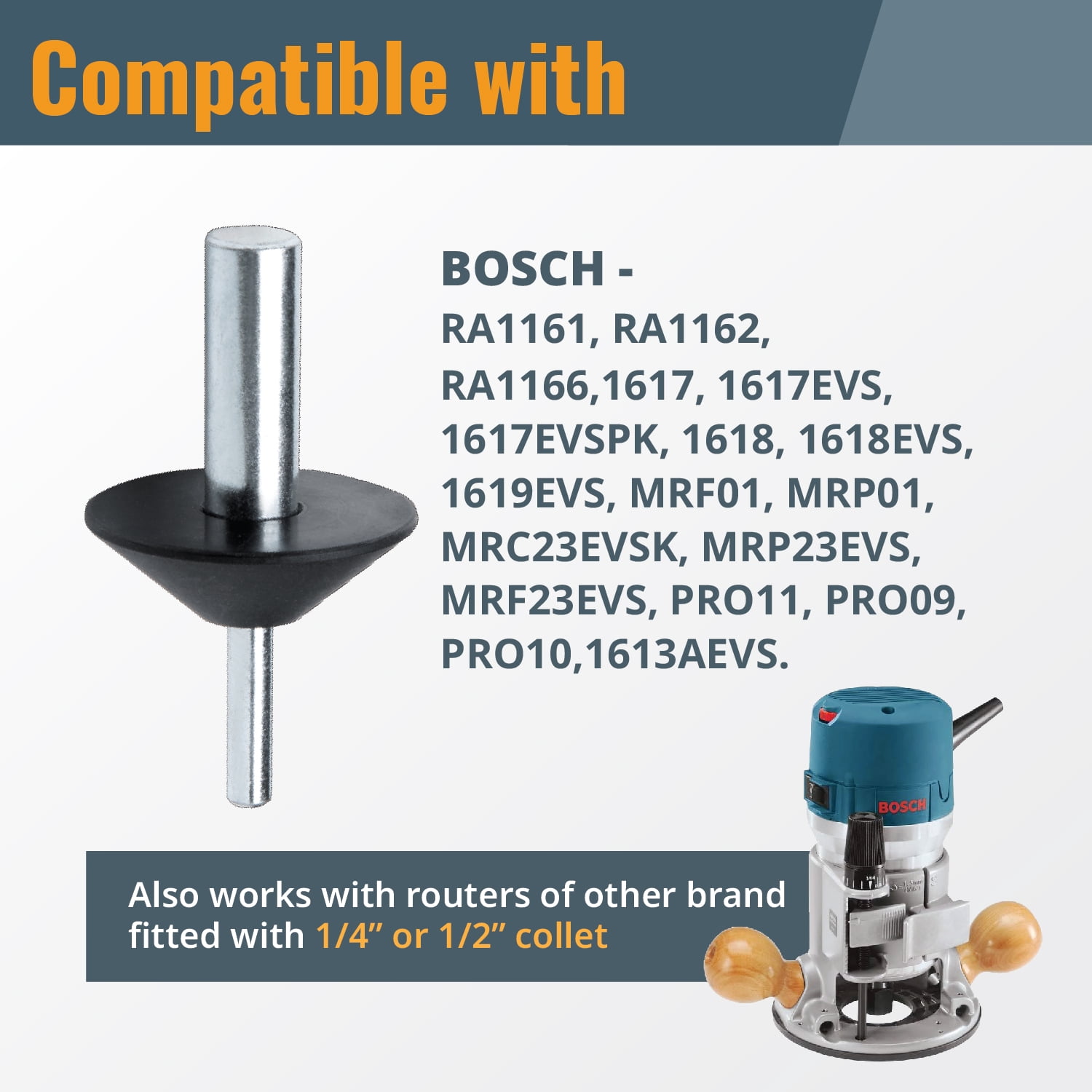 POWERTEC Solid Carbide Downcut Spiral Router Bit 1/4 Shank with Router Bushing, Collar, Alignment Pin, and Router Base Plate Centering Pin and Cone Set with 1/2" and 1/4" Ends (72132N)