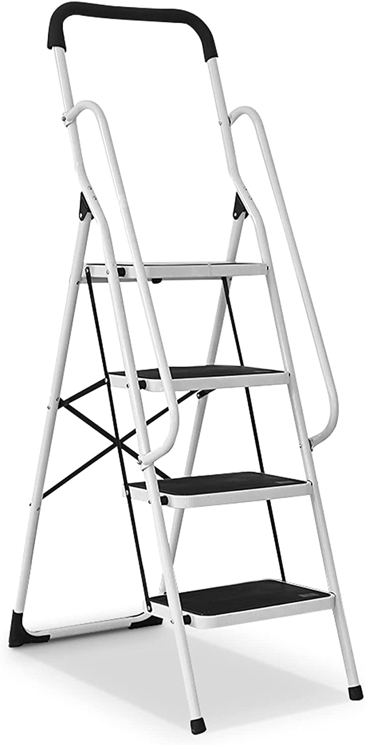 330lbs Capacity Steel, White and Black 4.5-Feet Portable Metal Step Stool for Household & Office & Kitchen With Convenient Handgrip & Anti-Slip Sturdy and Wide Pedal Delxo Folding 4 Step Ladder 
