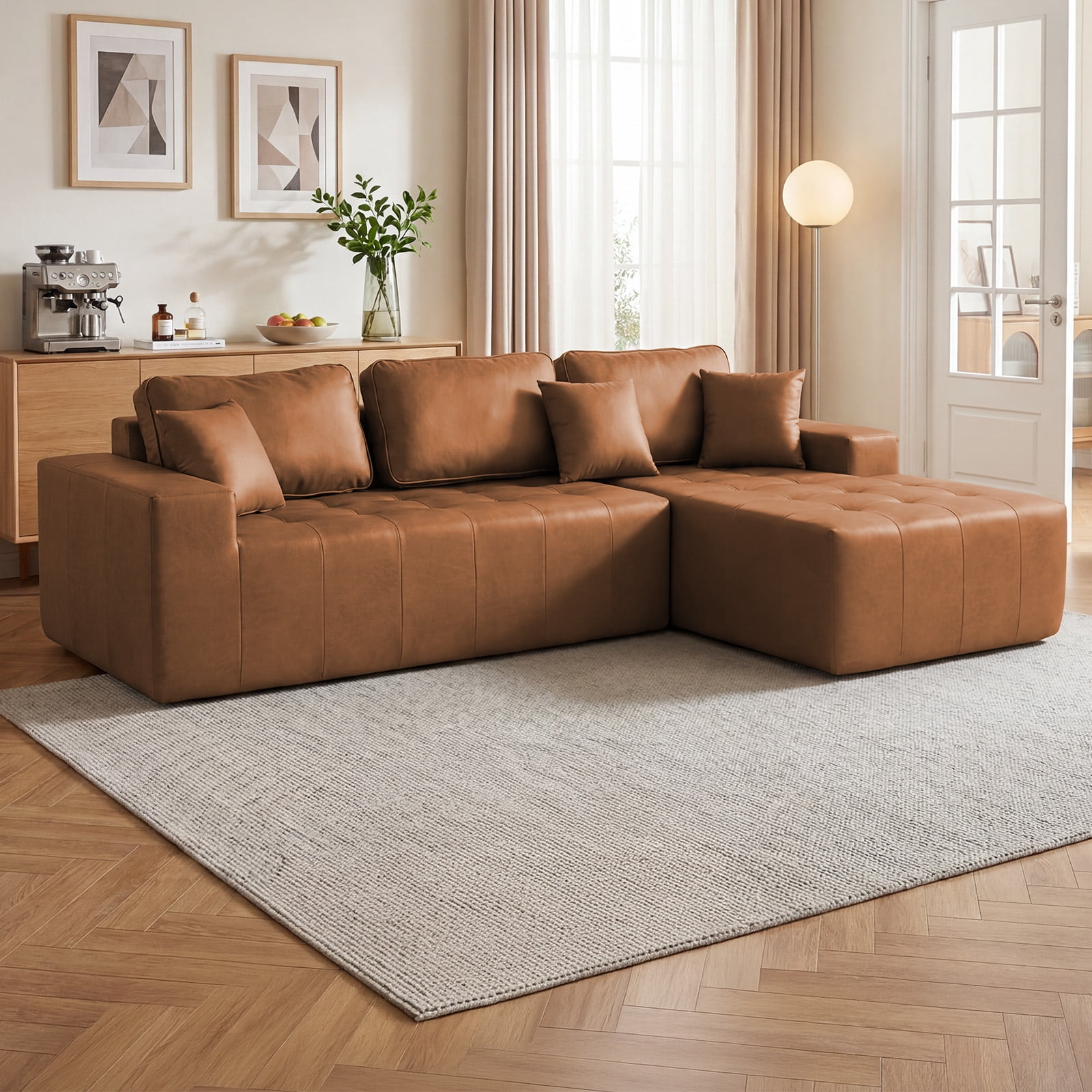 Howcool Boneless Cloud Sectional Sofa with Chaise,Faux Leather L-Shaped Couch,Deep Seat Modular Sofa with Wide Armrests,No Assembly Required,Right-Facing,Light Brown