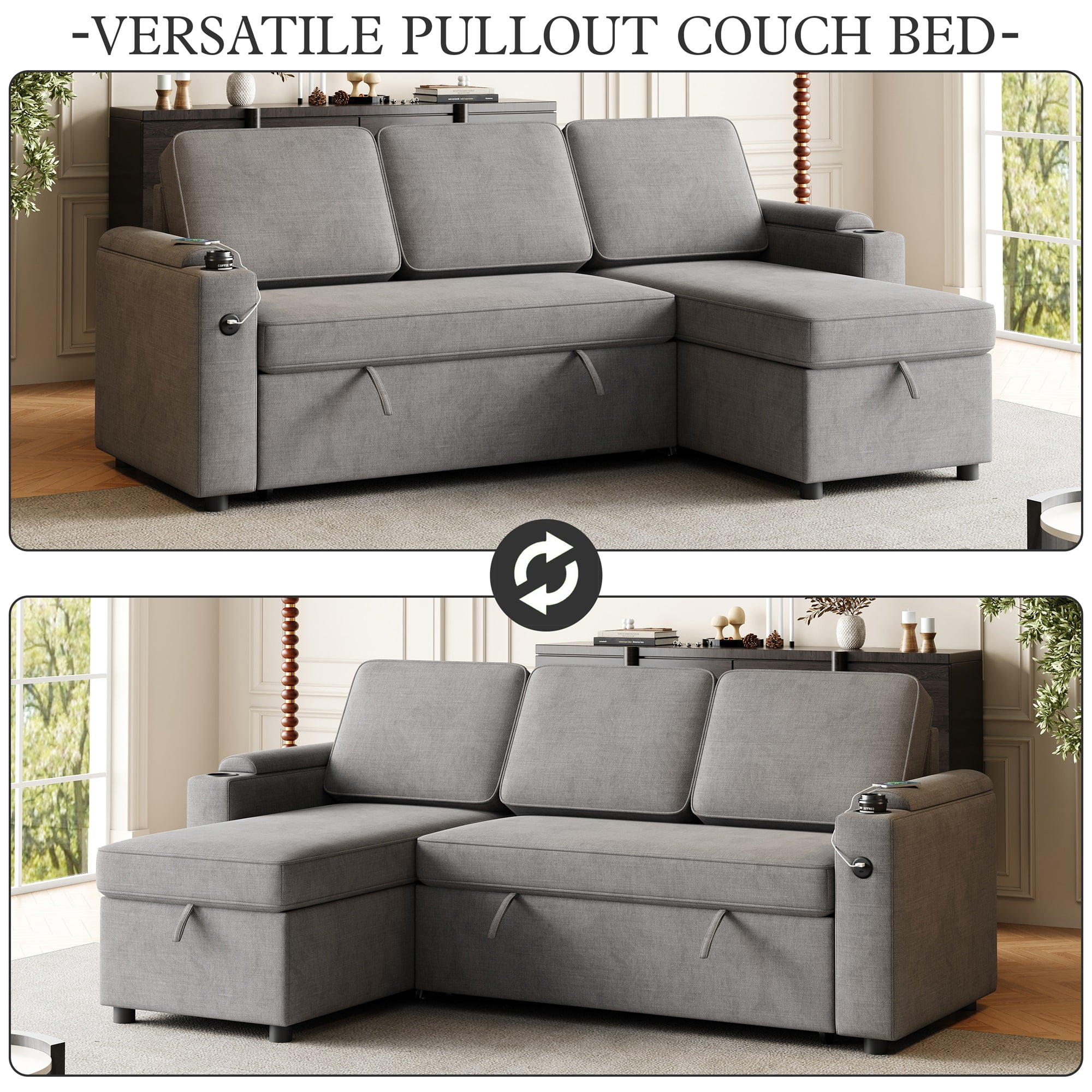 Lunale Sleeper Sectional with Storage Chaise, 85.8" Convertible Couch Bed for Living Room