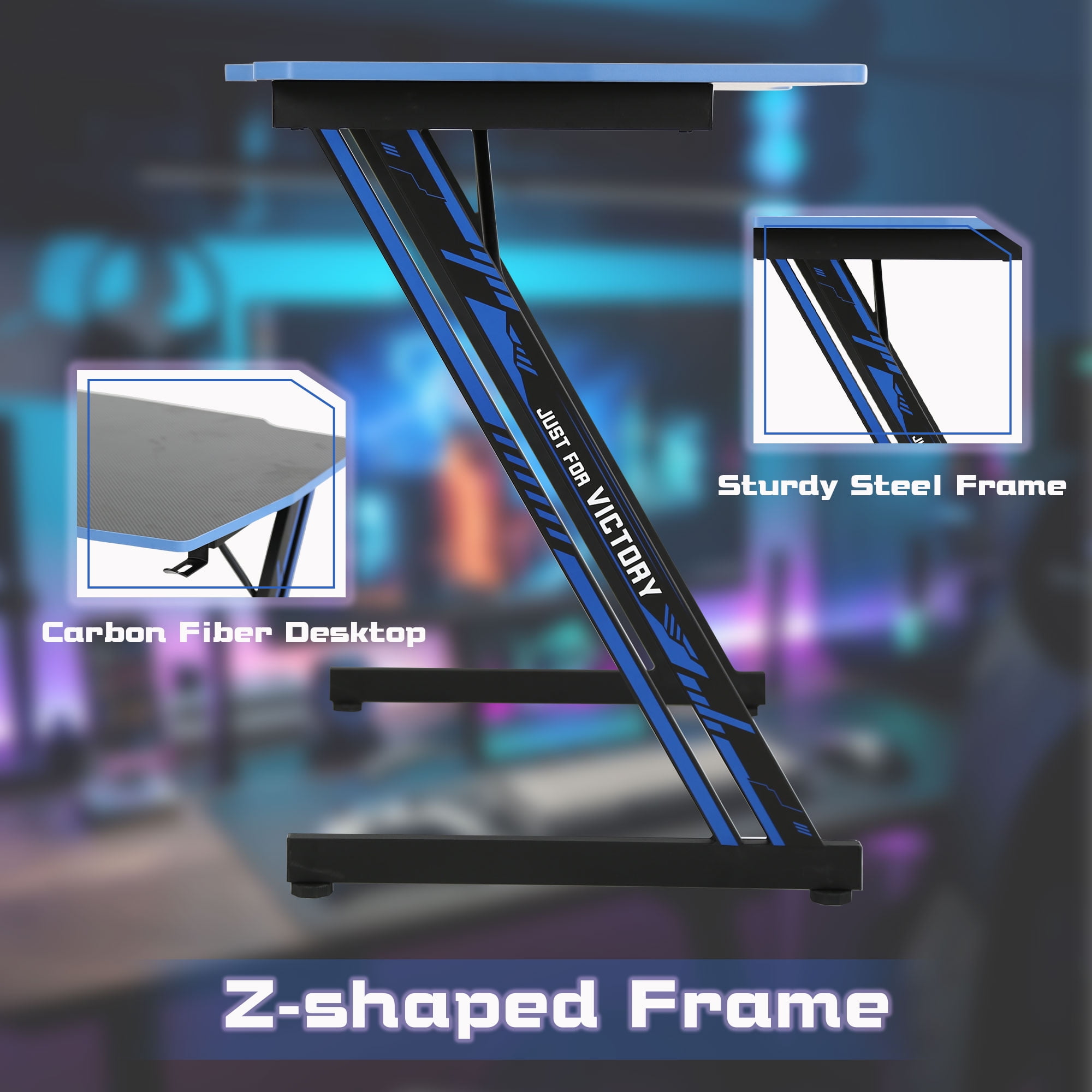 YRLLENSDAN Gaming Desk Z Shaped 39in Computer Gaming Workstation Ergonomic Gaming Table with Headphone Hook for Game Players, Blue