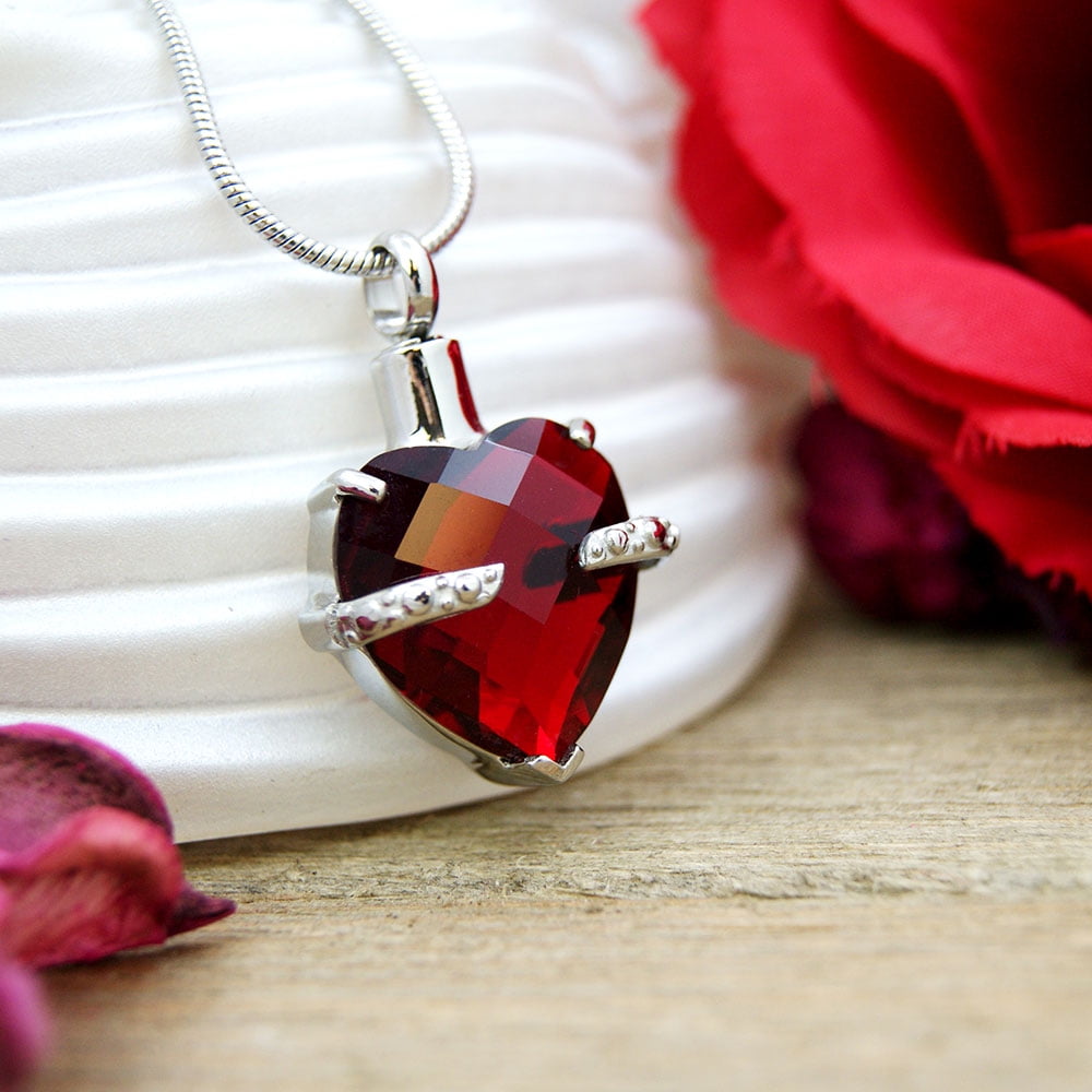 Anavia Personalized Heart Crystal Cremation Urn Necklace Jewelry For Ashes Human Pet Remains Funeral Casket Locket Engraving with Free Funnel Kit Gift Box Ship Next Day! [January - Garnet]