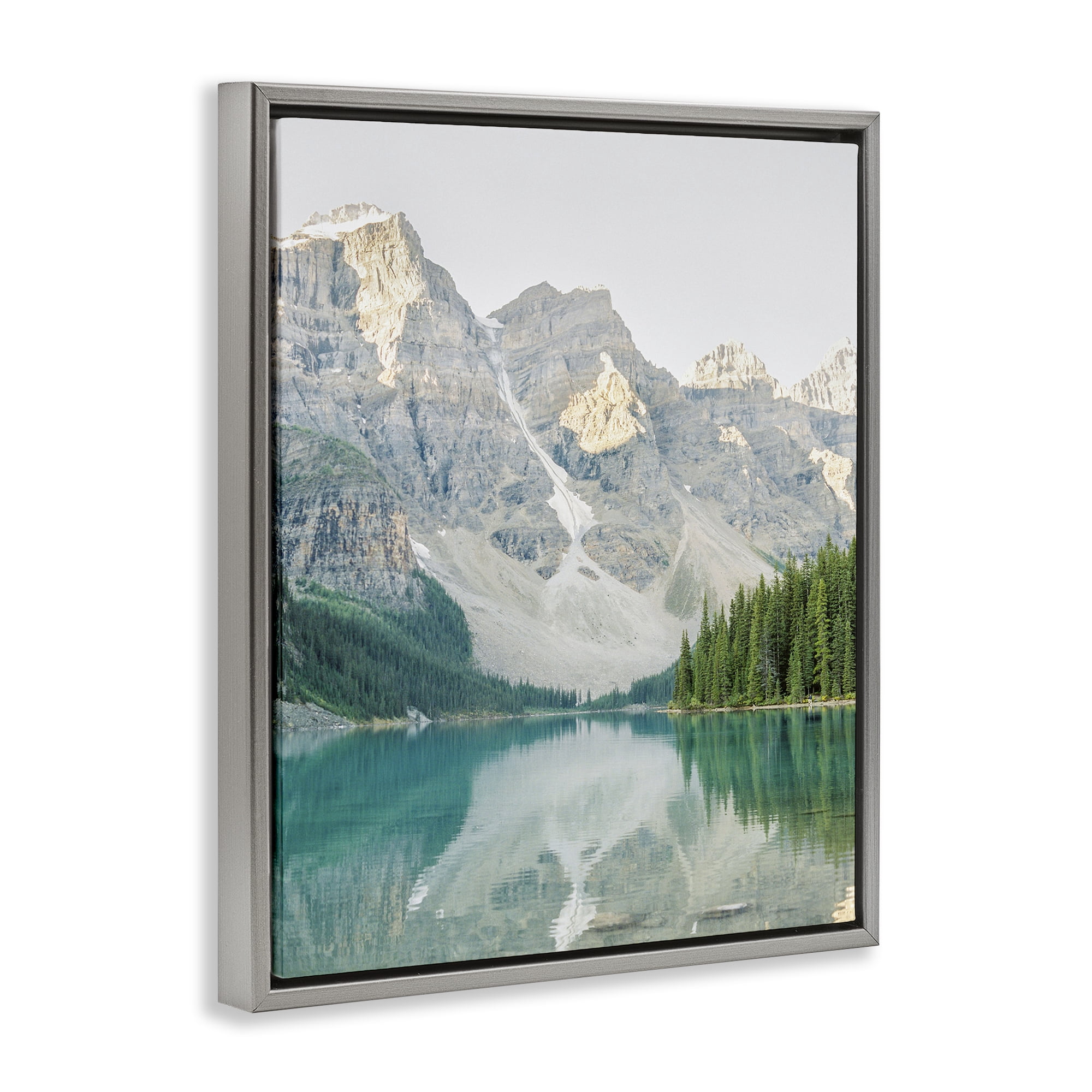 Stupell Industries Reflective Mountain Lake Landscape Photography Gray Floater Framed Art Print Wall Art, 17 x 21