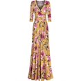 thumbnail image 1 of Bon Rosy, Women's, 3/4 Sleeve Deep V-Neck Printed Maxi Faux Wrap Dress, Mustard, L, 1 of 2