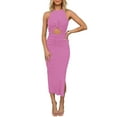 thumbnail image 3 of XVJRHAK Summer Dresses For Women 2024 Womens Sexy Sleeveless Hollow Out Slim Bodycon Dress Crewneck Crisscross Ruched Slit Ribbed Knit Tank Midi Dress Going Out Dresses For Women(Hot Pink,S), 3 of 5