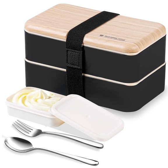 Original Bento Box Lunch Box Japanese Style 2 Layer Food Containers with Utensils Spoon and Fork Bundle Divider Salad Box for Men Women (Black)