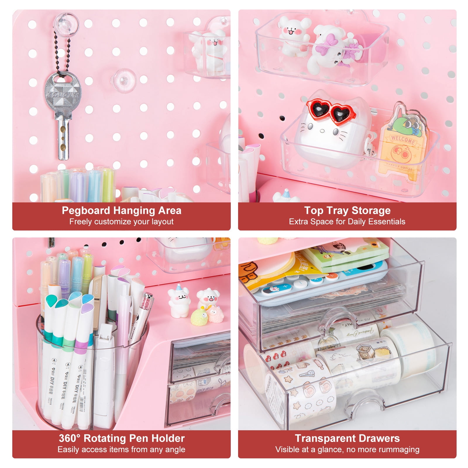 Vivin Desk Organizer, Small 2 Drawer Unit and Pen Holders, Multi-Purpose Pegboard organizer For Home Office, Pink