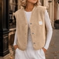 thumbnail image 4 of Women's Sherpa Fleece Vest V Neck Button Down Sleeveless Gilet with Pockets Loose Fit Casual Cozy Warm Layering Outerwear Fall Winter Khaki, 4 of 8
