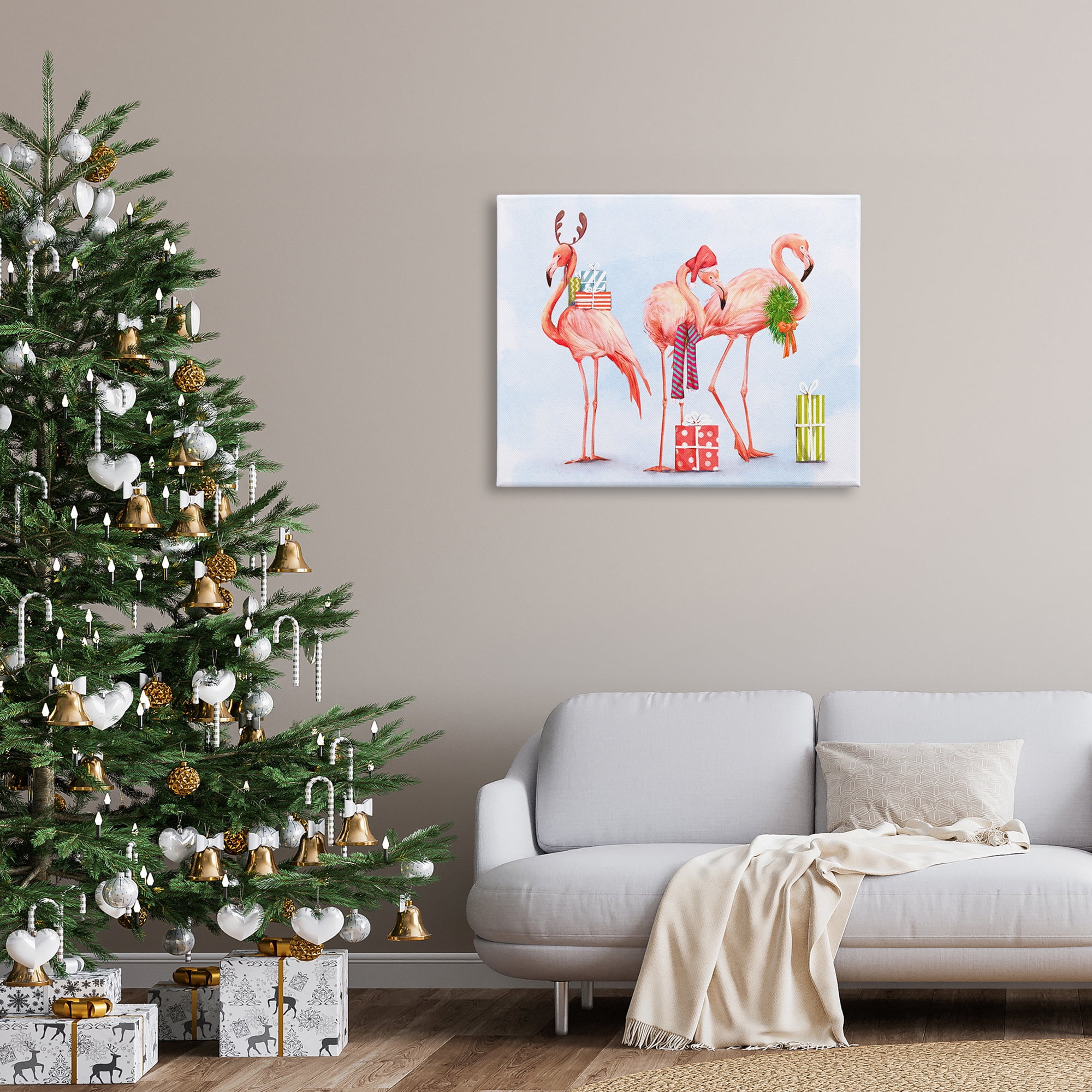 Gift Giving Pink Flamingos Charming Holiday Birds Coastal Painting Gallery-Wrapped Canvas Print Wall Art