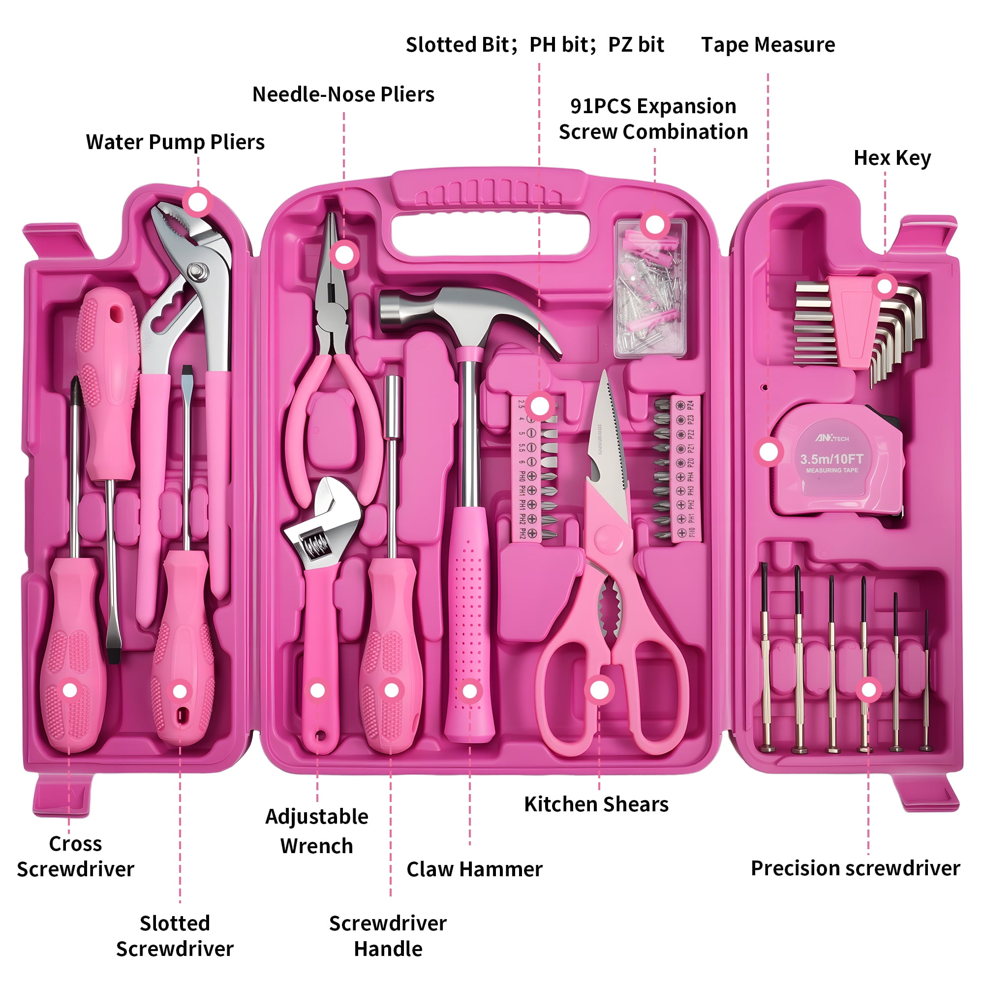 136-Piece Pink Tool Set for Women, Household Small Tool Set, Toolbox Storage for Home Repairs, Portable Hand Tool Kit for College, Dorm