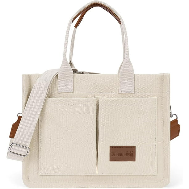 LHSHID Canvas Tote Bag with Multi Pockets Everything Tote for Women Church Bag Mommy Diapper Bag with Compartments