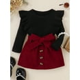 thumbnail image 2 of Seyurigaoka Baby Girl Autumn Clothes Set Solid Ribbed Long Sleeve Ruffled Pullover Tops + A-Line Skirt with Bow Belt, 2 of 8