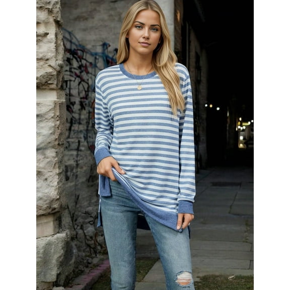 Women's Long Sleeve Striped Pullover with Contrast Hem and Cuffs- Small, Light Blue