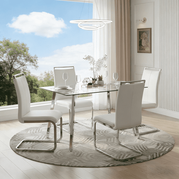 StnTalk 51" Glass Dining Table Set for 4, Modern Rectangle Dining Table with 4 White PU Leather Chairs, Tempered Glass Table Top with Silver Metal Legs for Dining Room, Kitchen & Apartment