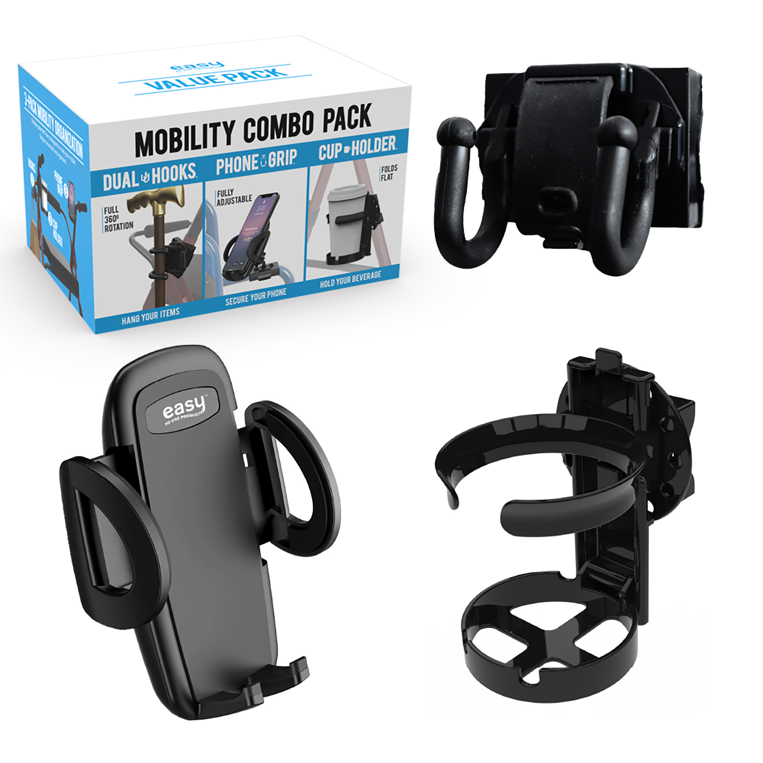 Mobility Combo Pack - 3 Items In 1 - Cup Holder, Phone Holder and Dual Hooks