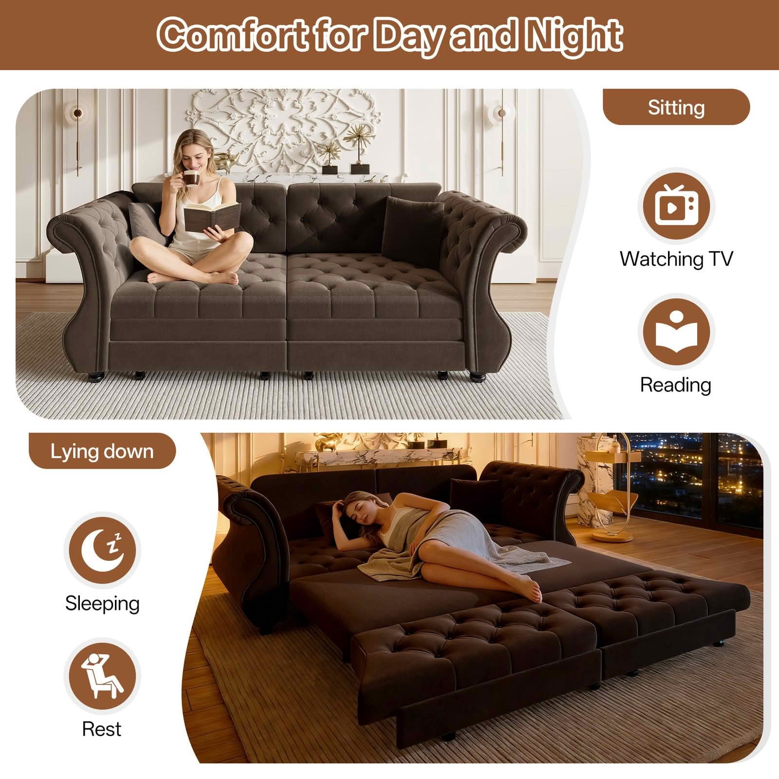 MAYEERTY 83.8" Chesterfield Pull‑Out Sofa Bed, Classic Roll‑Arm Velvet Couch with Flower Tufting, 2 Pillows Included for Living Room, Bedroom and Apartment