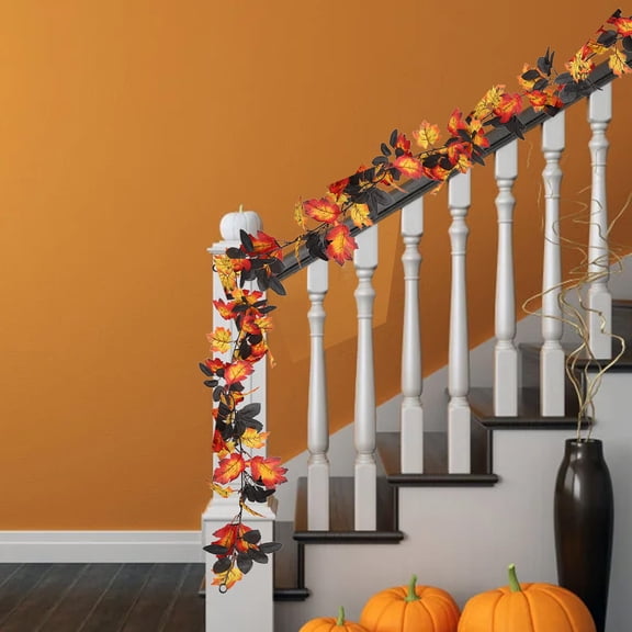 Halloween Artificial Maple Leaf Vine Garland, Fall Decor for Stair Railing, Table, Fireplace, Harvest Festival Home Decoration, Thanksgiving Autumn Party Supplies