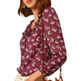 thumbnail image 5 of MODA NOVA Junior's Floral Ruffle Tie V Neck Button Down Blouse Plum S, 5 of 5