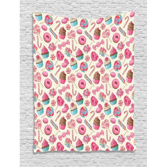 Candy Cane Tapestry, Yummy Sweet Lollipop Candy Macaroon Cupcake and Donut on Polka Dots Pattern, Wall Hanging for Bedroom Living Room Dorm Decor, 40W X 60L Inches, Multicolor, by Ambesonne