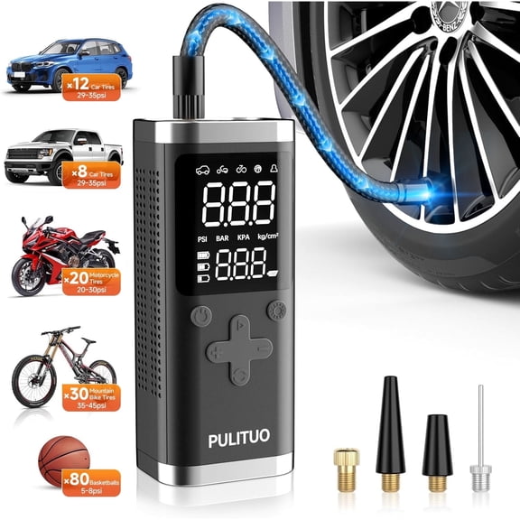 PULITUO Portable Tire Inflator, 150 PSI, 6000mAh Battery, Digital Gauge, LED Light
