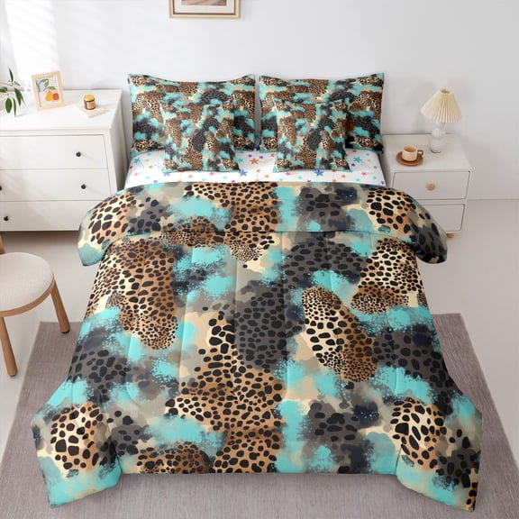 Castle Fairy Leopard Print Twin Bedding Sets,Brown Teal Bedding Comforter Set