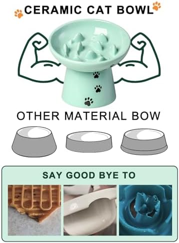 Slow Feeder Cat Bowl, Ceramic Cat Slow Feeder Bowl, 6 Inches, Elevated, Anti Vomiting for Dry and Wet Food, Green