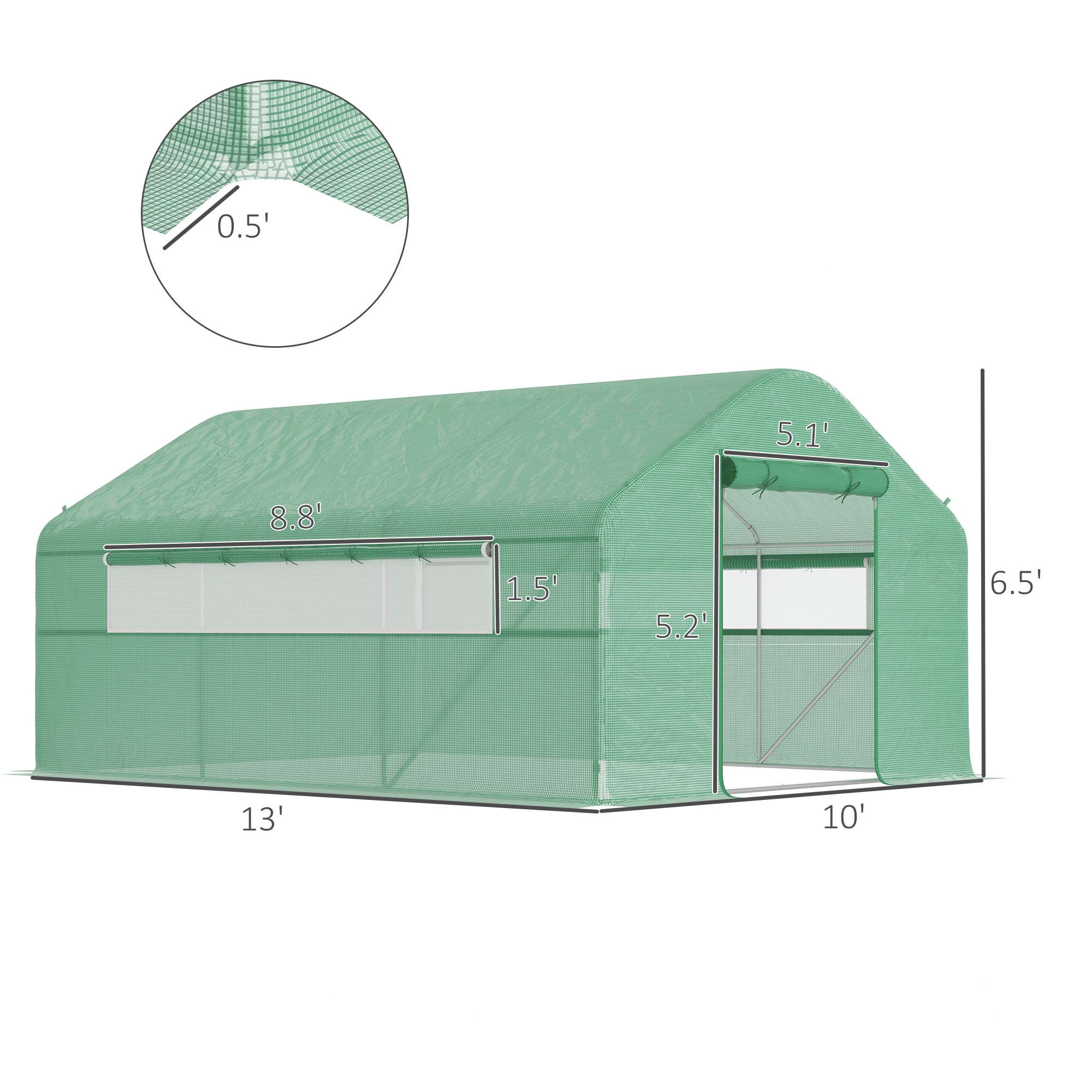 Outsunny 13' x 10' x 6.5' Hoop House Greenhouse with Large Windows, Large Walk-In Tunnel Green House with Upgraded Galvanized Steel Frame, Green