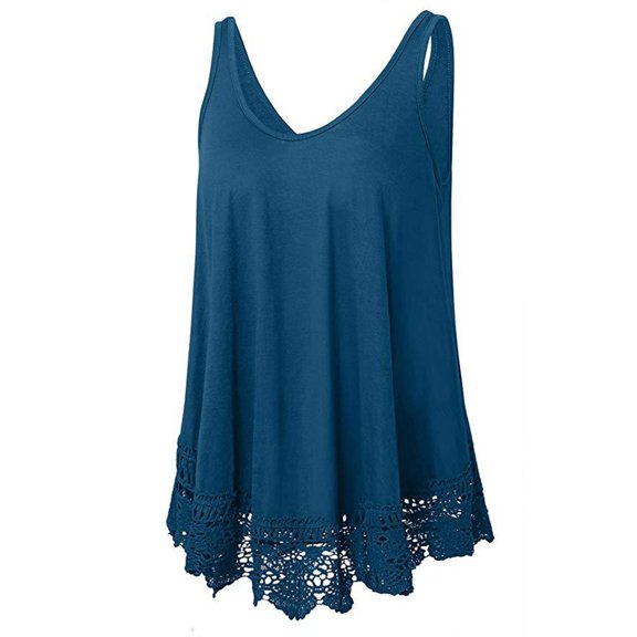 FUYUDY Women Tank Top Versatile Trendy Elegant Scoop Neck Loose Fit Lace Patchwork Hem Camisole Comfortable Lightweight Vest Top For Ladies Everyday Wear,Blue,XXXXL