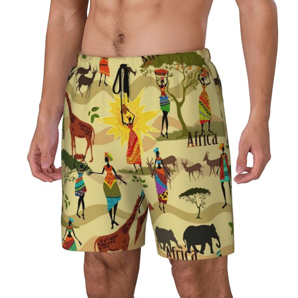 Balery Ethnic African Bañador para hombre, shorts de playa de secado rápido con entrepierna y forro de compresión-X-Large