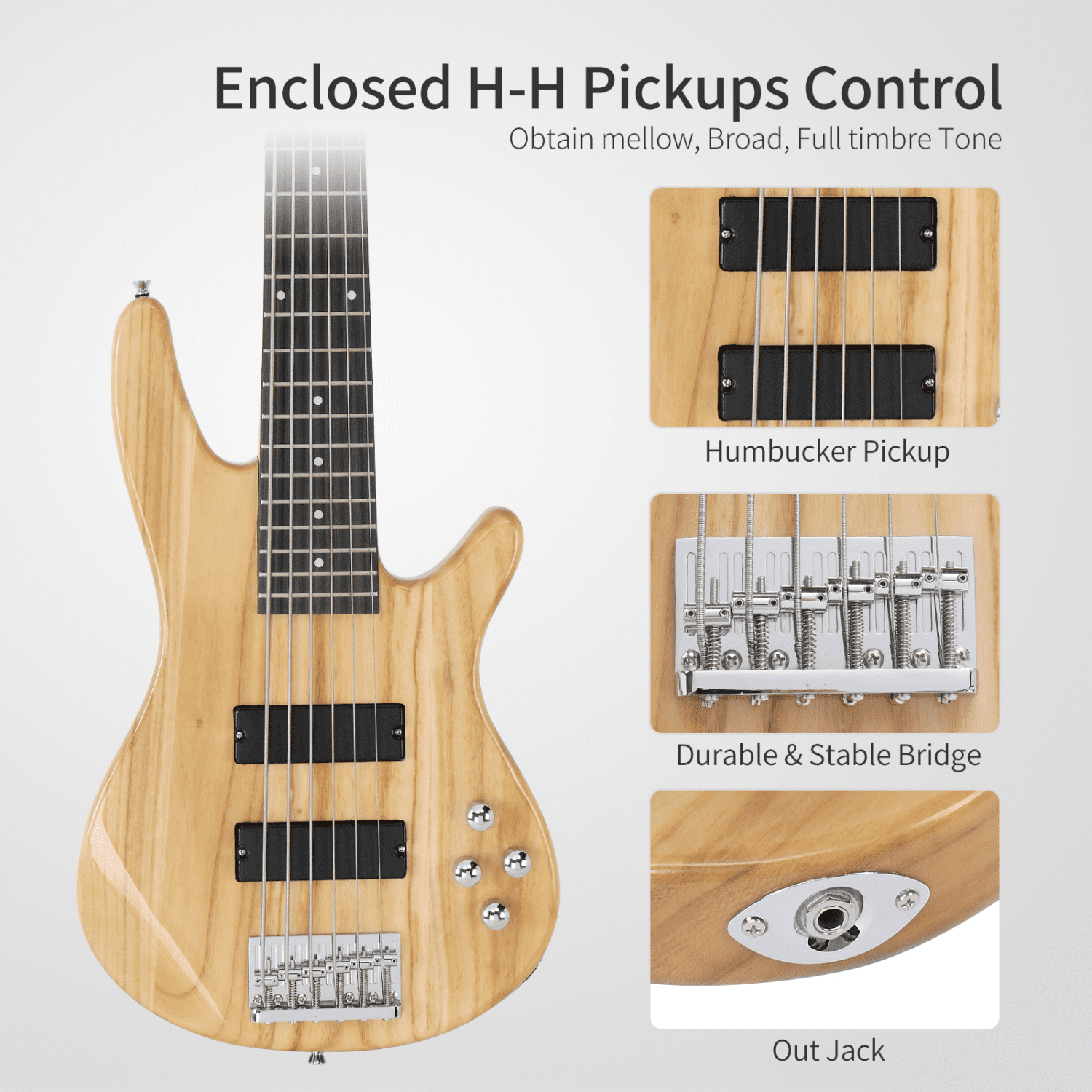Hassch 6 String Electric Bass Guitar with Big Bag and Strap, Beginner Bass Set with Pick, Connector and Wrench Tool, Burlywood