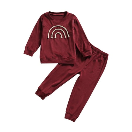 

Kids Spring Tracksuit Pleuche Rainbow Round-Neck Long Sleeves T-Shirt with Elastic Waist Pants