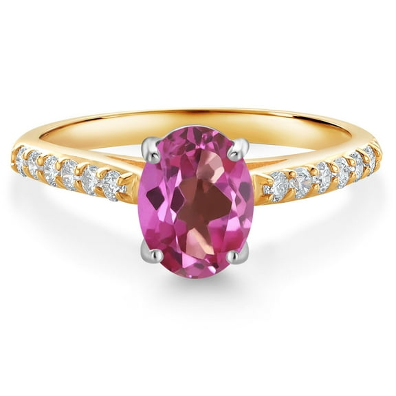 Gem Stone King 10K Yellow and White Gold Pink Mystic Topaz and White Lab Grown Diamond Engagement Ring for Women (1.48 Cttw, Oval 8X6MM, Gemstone Birthstone, Size 6)