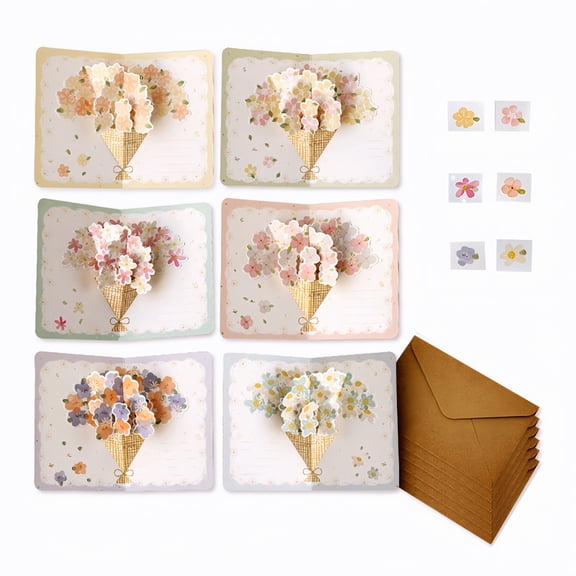 6 Pack 3D Pop Up Floral Greeting Cards with Envelopes, Blossom Designs for Birthdays, Thank Yous, & All Occasions, 4 x 6 inches