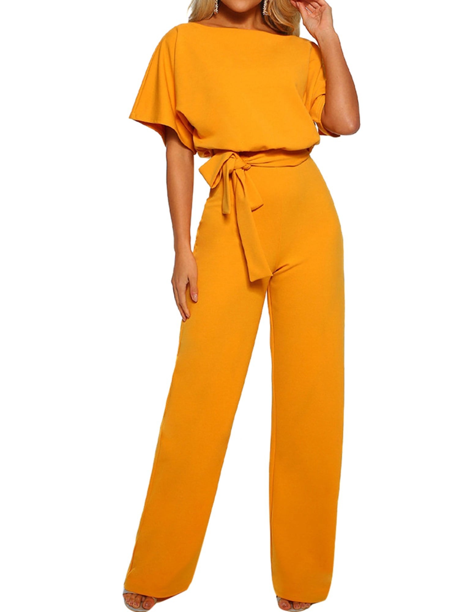 Women Casual Short Sleeve Jumpsuit Rompers Summer Playsuit Clubwear Straight Leg Overalls Jumpsuit with Belt 
