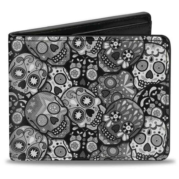 Thaneeya McArdle Wallet, Bifold, Calaveras Stacked Black Grays, Vegan Leather