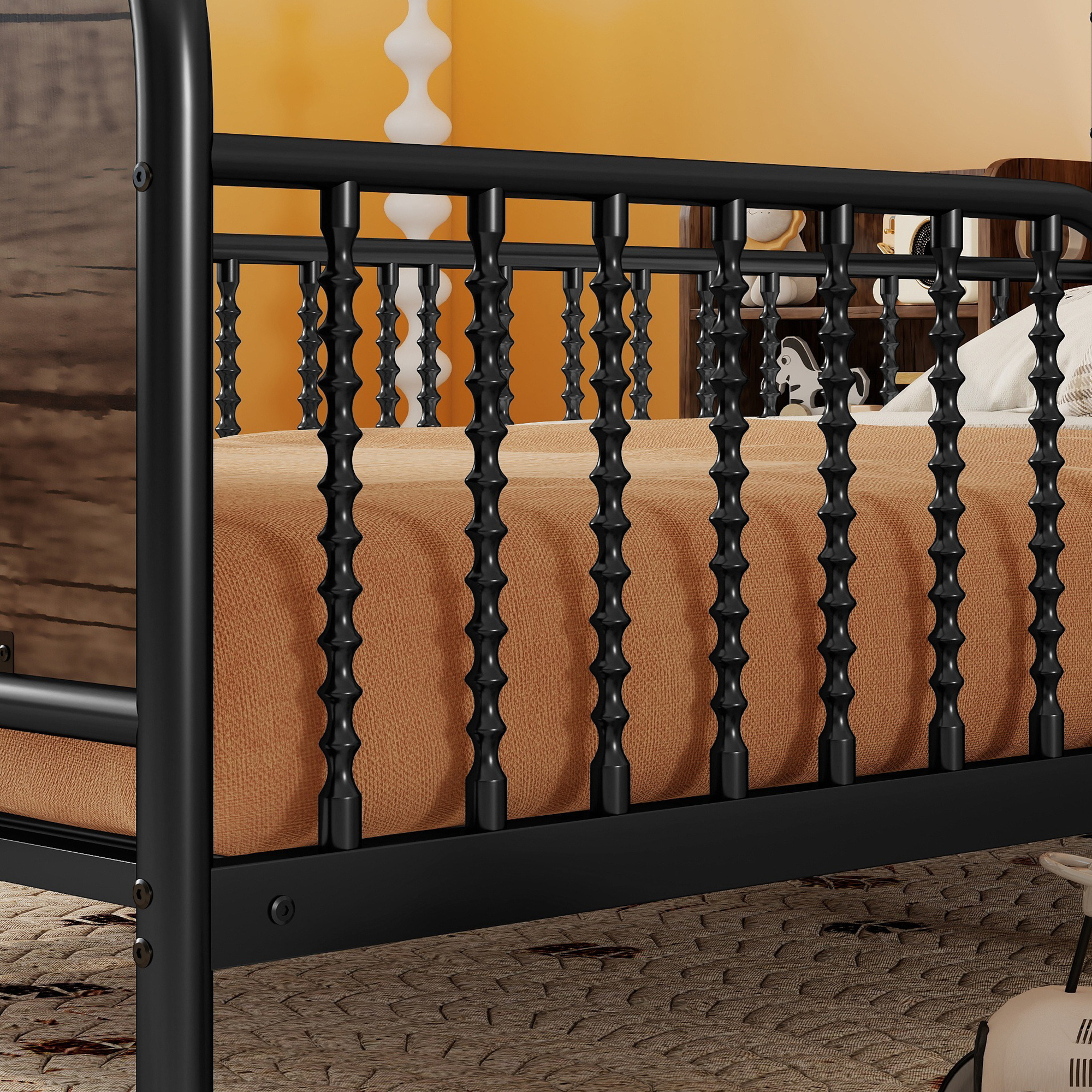 Euroco Metal Twin Size Platform Bed with Upholstered Headboard, Pull out Storage Shelves and LED Light, Black