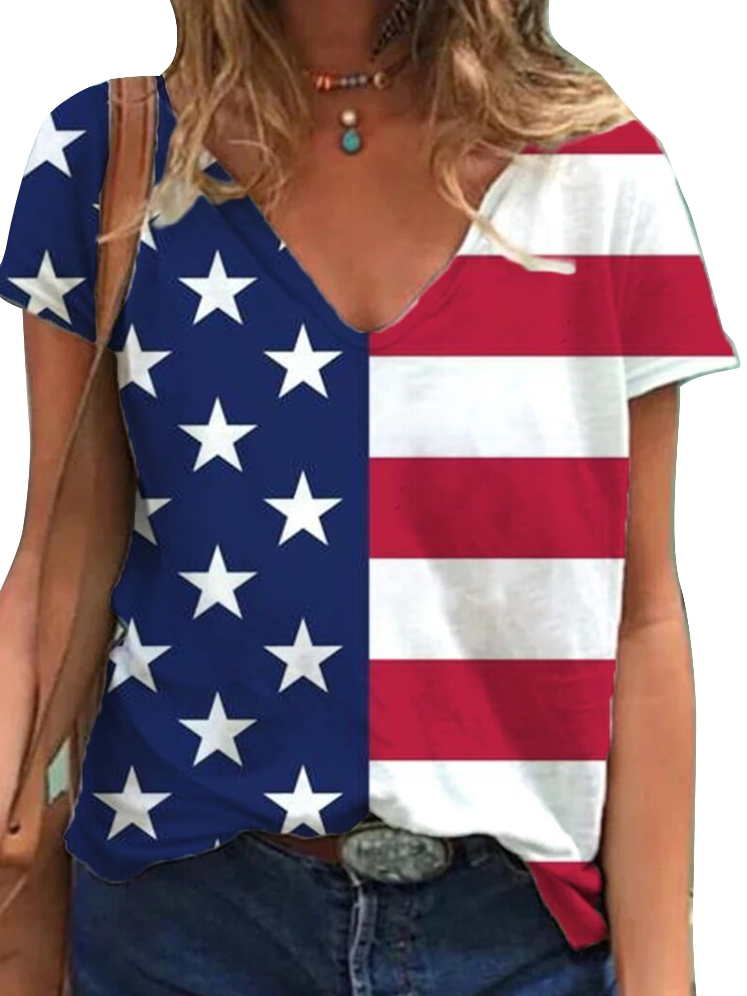 Gvmfive Women Blouses Independence Day American Flag Printed Casual V ...