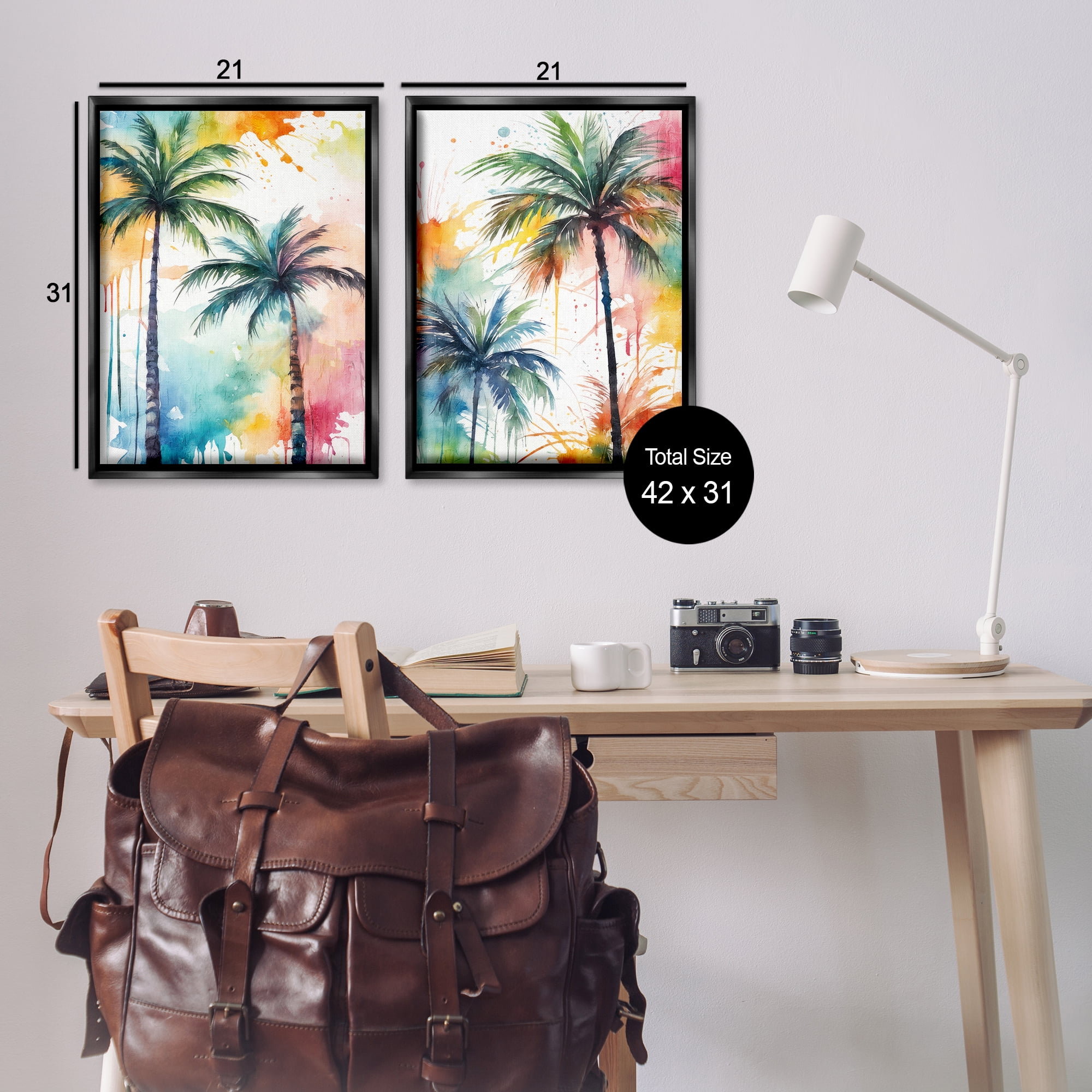 Stupell Industries Watercolor Splash Towering Palms Plants & Flowers Painting Black Floater Framed Canvas Art Print Wall Art, 21 x 31, Set of 2