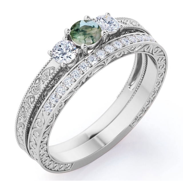 JeenMata Anillo de Bodas Estilo Catedral Eduardiano Art Déco con Diseño de Pasado, Presente y Futuro, Ágata Verde Musgo Drusa Natural 1,75 ct y Moissanita en Oro Blanco 18 K sobre Plata
