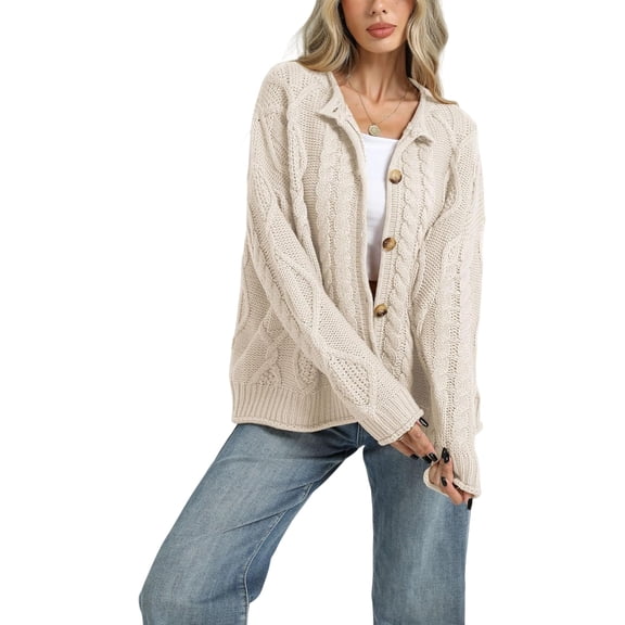 Womens Chunky Cable Knit Cardigan, Button Front Long Sleeve Sweater for Casual Wear