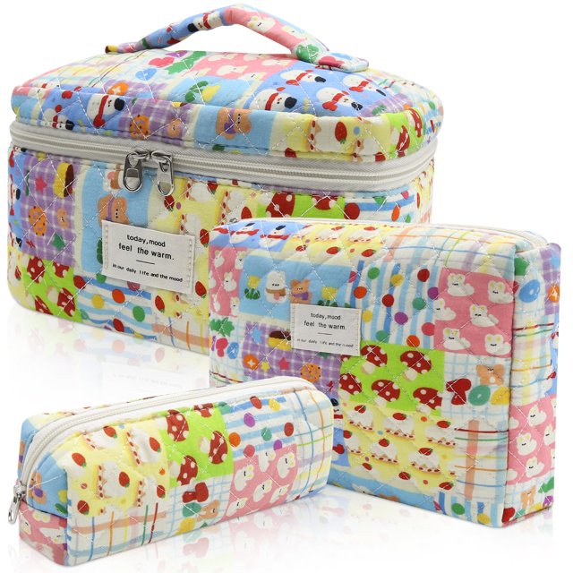 Set de bolsas de maquillaje Gosect de algodón floral acolchado, 3 unidades, para mujer