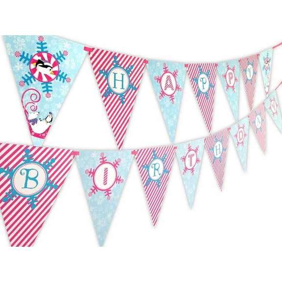 Winter Wonderland Pink Happy Birthday Banner Pennant