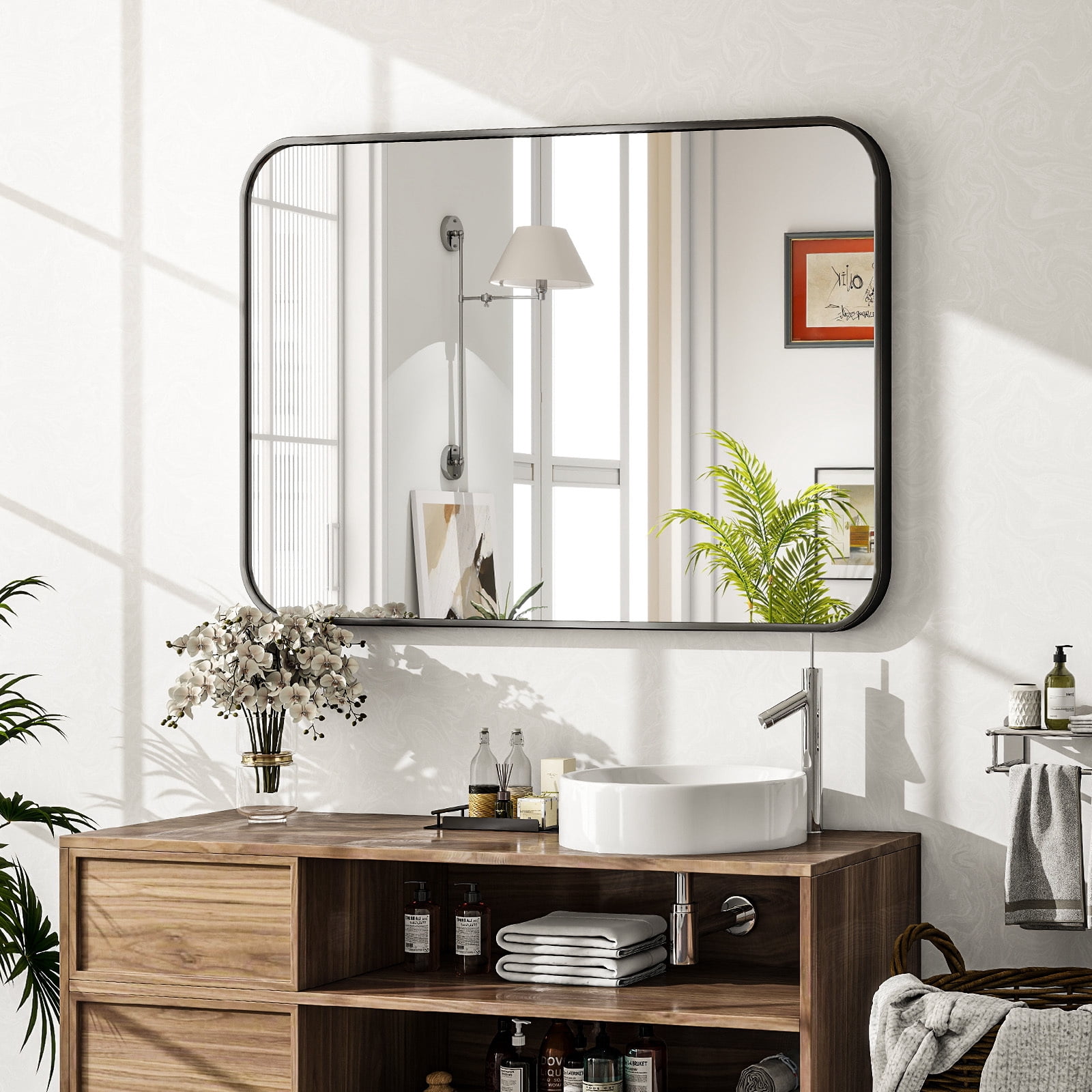 Lumora 38"x26" Rectangular Bathroom Mirror with Round Edge Wall Mounted Wall Mirror, Black