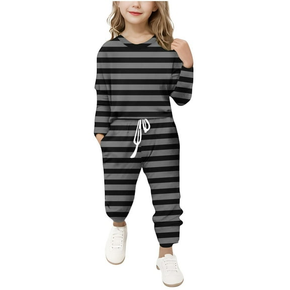 Gpaecead Girls' Long Sleeve Stripe Tops & Slim Pants 2-Piece Clothing Set 6 Years Black