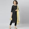 thumbnail image 3 of Janasya Indian Round Neck 3/4 Sleeve Solid Black Poly Silk Kurta With Pant And Dupatta For Women, 3 of 9